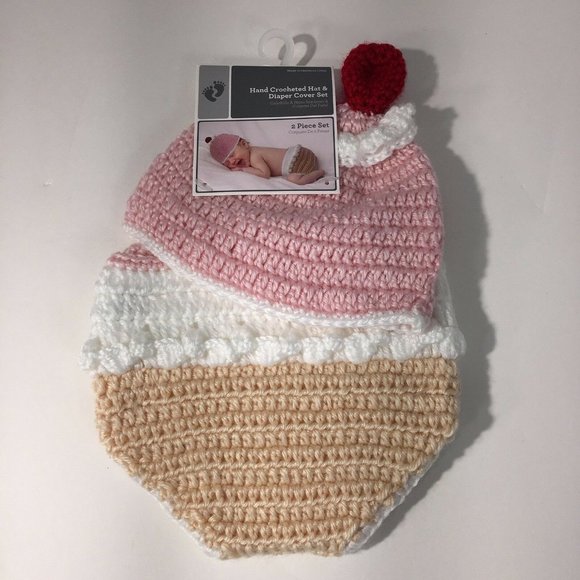 Hand Crocheted Hat And Diaper Cover Ice Cream Sz 0-9 Months Infant Baby Photo - Picture 5 of 12